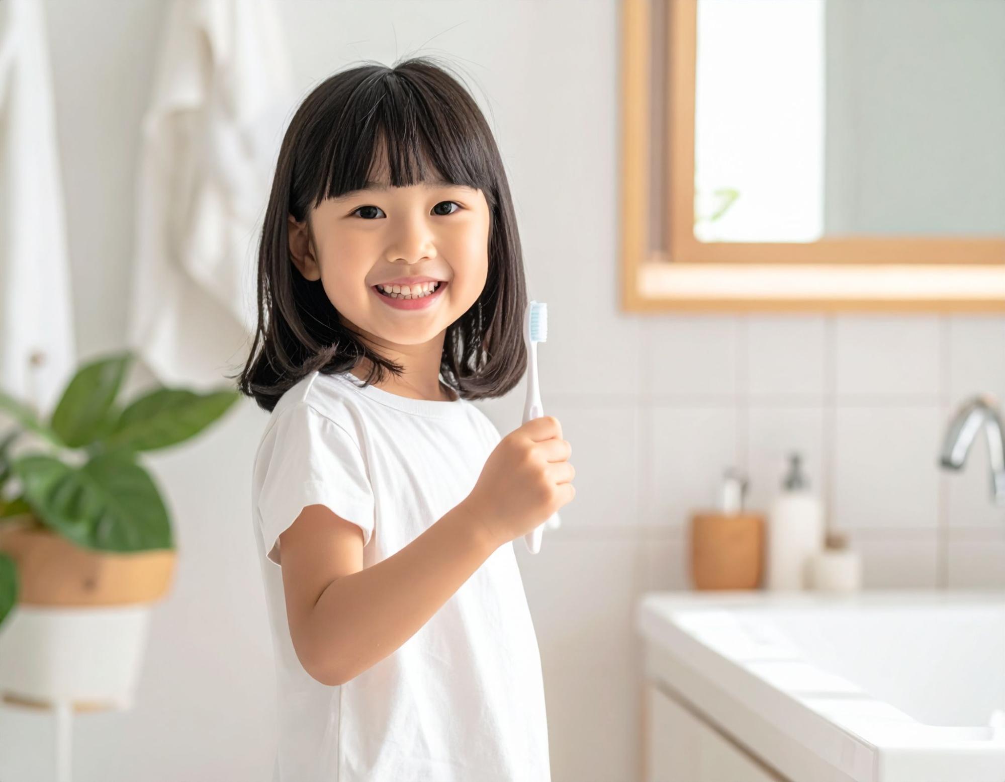 笑顔で歯ブラシを持つ日本の女の子